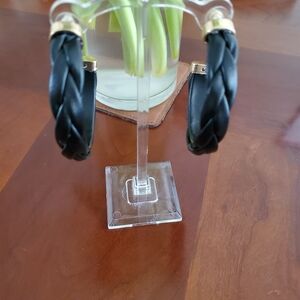 Elegant Black Leatherette Braided Hoop Earrings with Gold Accents